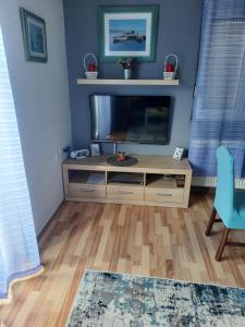 a living room with a flat screen tv on a entertainment center at Apartman Trio Maksimir in Zagreb