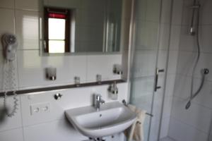 ein Bad mit einem Waschbecken, einem Spiegel und einer Dusche in der Unterkunft Hotel Restaurant Hochdorfer Hirschen in Freiburg im Breisgau