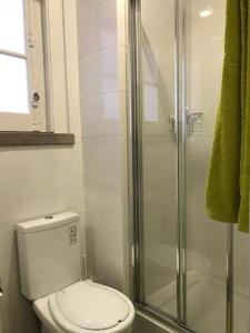 a bathroom with a toilet and a glass shower at Romantic 1 Bedroom Apartment at Roma Avenue - 1C in Lisbon