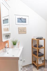 een badkamer met een wastafel en een spiegel bij Ferienwohnung s' Plätzli in Freiamt