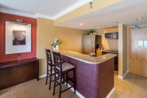 a kitchen with a bar with chairs and a refrigerator at @ Marbella Lane Executive Suite, Steps to Beach in Honolulu