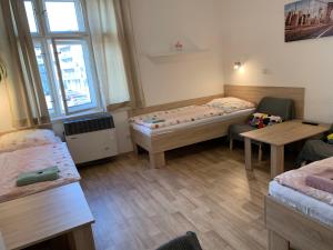 een ziekenhuiskamer met 2 bedden en een tafel bij Penzion MAR in Hradec Králové