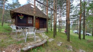 eine kleine Hütte mit einem Tisch und Stühlen davor in der Unterkunft Vajat Kovačević in Divčibare