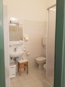 La salle de bains blanche est pourvue d'un lavabo et de toilettes. dans l'établissement Albergo Lungomare, à Bonassola