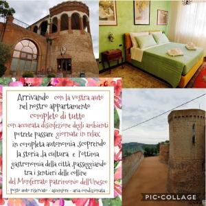 un collage di foto con un letto e una torre di Moncalvo in Relax a Moncalvo