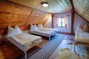 a bedroom with two beds in a wooden room at Chalupa Bozkovska in Vysoké nad Jizerou