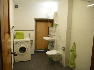 a bathroom with a toilet and a sink and a washing machine at Chasa Marugg - Ferienwohnung für 4-5 Personen, 70m2 in Scuol