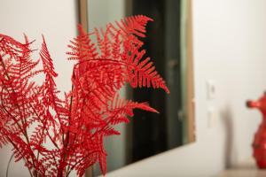 a red plant in a vase on a table at Pagona House in Toroni