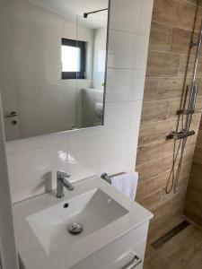 a bathroom with a sink and a mirror and a shower at Apartmani Bella Vista in Njivice