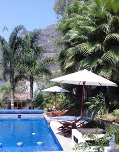 una piscina con sombrillas, sillas y palmeras en Finca Catalina Hotel Boutique en Tepoztlán
