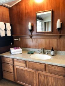 a bathroom with a sink and a mirror at Ola'a House in Volcano Village in Volcano