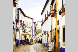 un callejón estrecho con edificios azules y blancos en Charming Óbidos Townhouse, en Óbidos