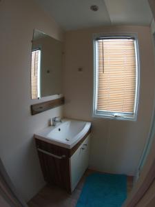 a bathroom with a sink and a mirror and a window at La Carabasse / Mazet 69 in Vias