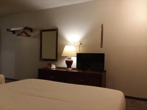 a bedroom with a bed and a tv and a mirror at Americas Best Value Inn Laramie in Laramie