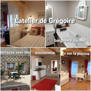 a collage of four pictures of a room at Le Grand Cèdre Spa et sauna intérieur piscine in Marolles +23 photos
