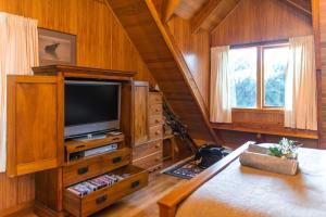 a living room with a tv and a wooden wall at Charlies Cabin - Mt Lyford in Mt Lyford