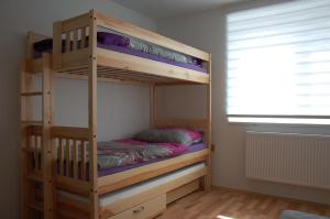 2 łóżka piętrowe w pokoju z oknem w obiekcie Ubytování U Matýska w mieście Mutěnice