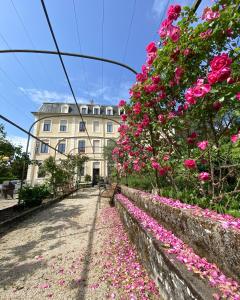 un jardin de fleurs roses devant un bâtiment dans l'établissement Hotel des Eaux, à Aix-les-Bains