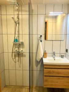 a bathroom with a shower and a sink at Kohtu Apartment Epoch in Kuressaare