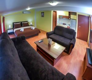 ein Wohnzimmer mit einem Sofa und einem Bett in der Unterkunft Darni Central Apartments - Bazaar Location With Free Parking in Ohrid