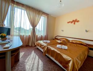 a hotel room with a bed and a desk and a computer at Vanessa Family Hotel in Ravda