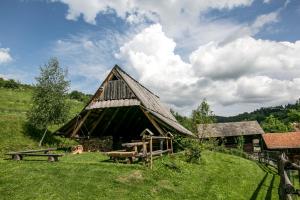eine große Scheune mit einem Tisch und Bänken auf einem Feld in der Unterkunft Gorczański Kącik in Ochotnica Dolna