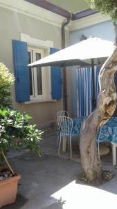 um pátio com um guarda-chuva, uma mesa e uma cadeira em CASA DEI PESCATORI BELLARIA em Bellaria-Igea Marina