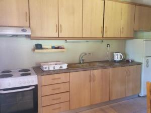 a kitchen with wooden cabinets and a sink and a stove at Dimitra House in Metókhion Patriotikón
