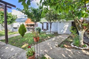 a house with a garden with potted plants on the sidewalk at Vacation house Vila Guma Rastani Mostar in Mostar