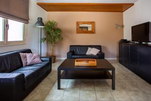 Sala de estar con 2 sofás de cuero negro y mesa de centro en Le Petit Viala, en Capestang