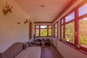 Habitación con sofá, silla y ventanas. en Villa Richter en Kurort Rathen