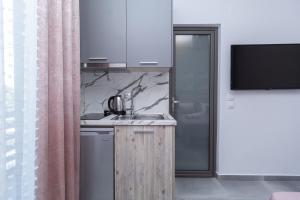 kuchnia ze zlewem i blatem z telewizorem w obiekcie Golden Seaside 1 w mieście Nea Roda +7 zdjęć