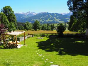 a garden with a view of a mountain at Pension Hofweyer in Ramsau am Dachstein