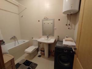 ein Badezimmer mit einem Waschbecken, einem WC und einem Spiegel in der Unterkunft Apartment StefanA in Belgrad