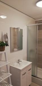 uma casa de banho com um lavatório e um chuveiro com um espelho. em Apartments Grbin em Korčula