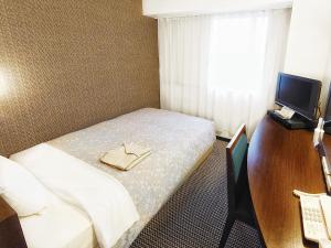 a small room with a bed and a television at Takaoka Manten Hotel Ekimae in Takaoka