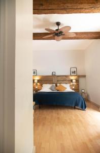 a bedroom with a blue bed and a ceiling fan at Hôtel Montmirail in Gigondas