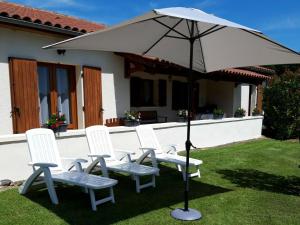 a group of chairs and an umbrella in a yard at Heritage holiday home with barbecue in Villefranche-du-Périgord