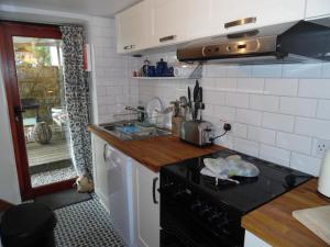 a small kitchen with a stove and a sink at The Den in Egloskerry