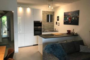 eine Küche und ein Wohnzimmer mit einem Sofa und einer Theke in der Unterkunft Villetta near Argegno Dizzasco in Muronico