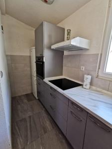 eine Küche mit einem Kühlschrank und einer Arbeitsplatte in der Unterkunft Apartment Nera in Omiš