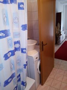 a bathroom with a toilet and a shower curtain at Kuća za odmor Mendez in Labin +10 photos