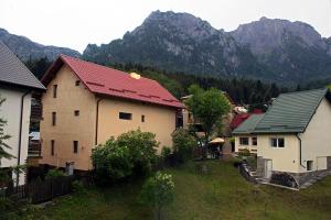 a group of houses with mountains in the background at Apartament Mountain Life in Buşteni