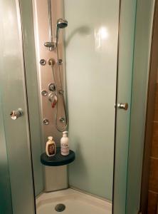 eine Dusche im Bad mit Glastür in der Unterkunft Apartament Mountain Life in Buşteni