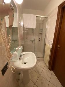 Hotel Fiorentino في ستريزا: حمام مع دش ومغسلة ودش