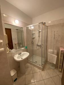 a bathroom with a glass shower and a sink at Hotel Fiorentino in Stresa