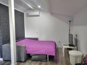 een slaapkamer met een paars bed en een televisie bij La Casita del Escorial in El Escorial