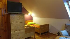 a bedroom with a bed and a dresser with a tv at U Krzysztofa in Kopalino