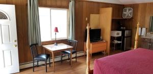 una camera con letto, scrivania e TV di Alpine Moose Lodge a Lake City