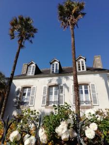 a white house with palm trees in front of it at Maison Papillons in Plomodiern
